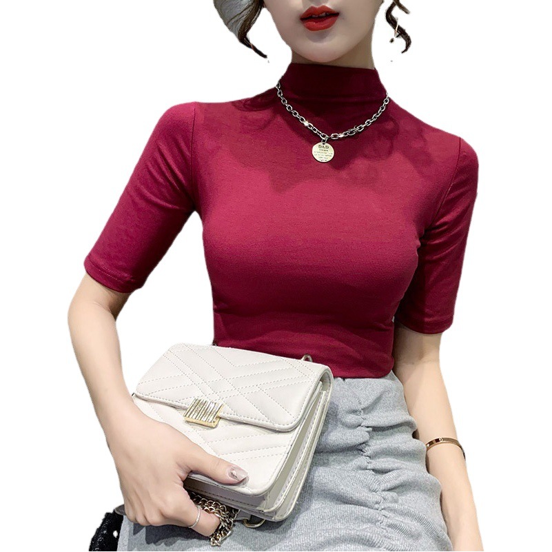 Modal 2025 Autumn Cross-border Slim Half-high Neck Half-sleeve Korean-style All-match Summer Short-sleeve T-shirt for Women