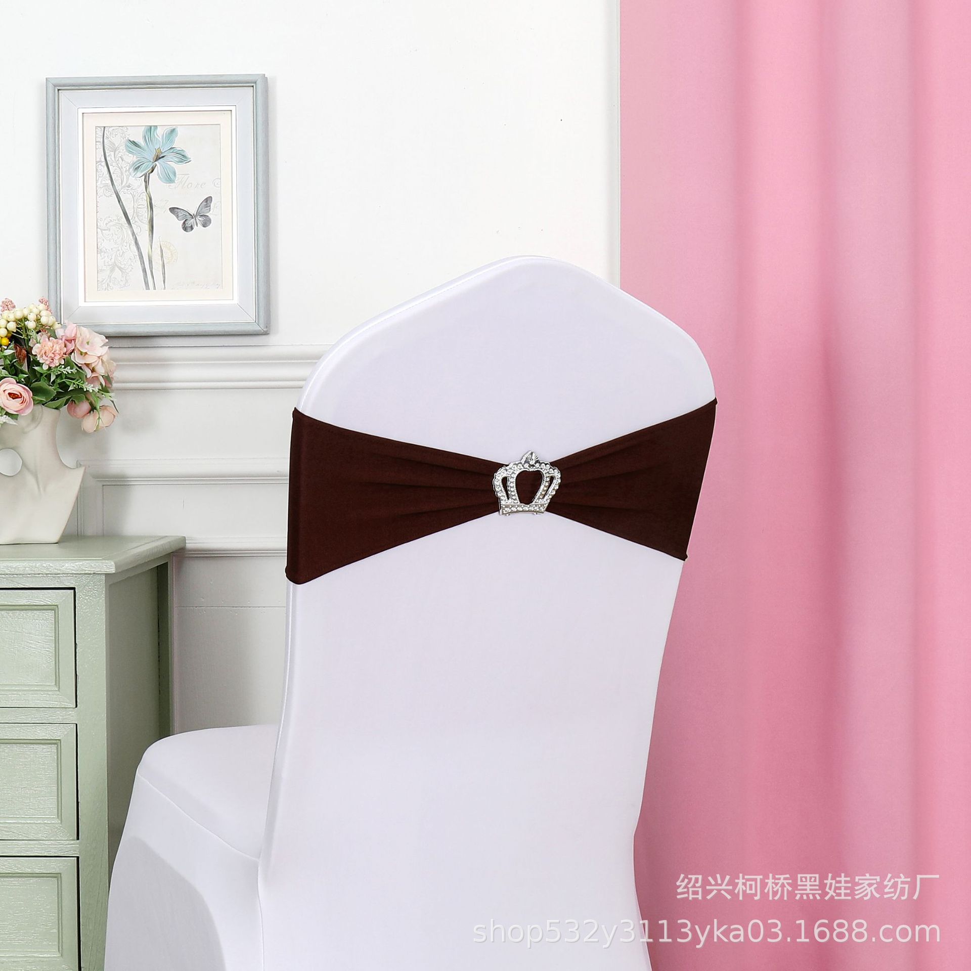 Picture of Chair Back Flower Bow Crown Diamond Buckle Elastic Banquet Chair Set Decoration Free Wedding Strap Ribbon Wedding Ribbon