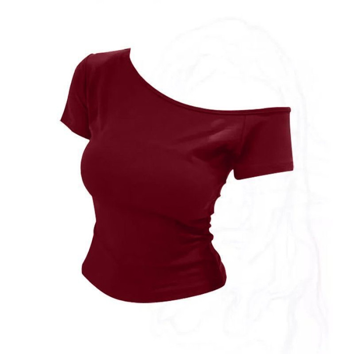Picture of Ribbed American Letter Slant Collar Off-Shoulder Pure Desire Short T-Shirt Summer Sexy Waist Slimming Short-Sleeved Top for Women
