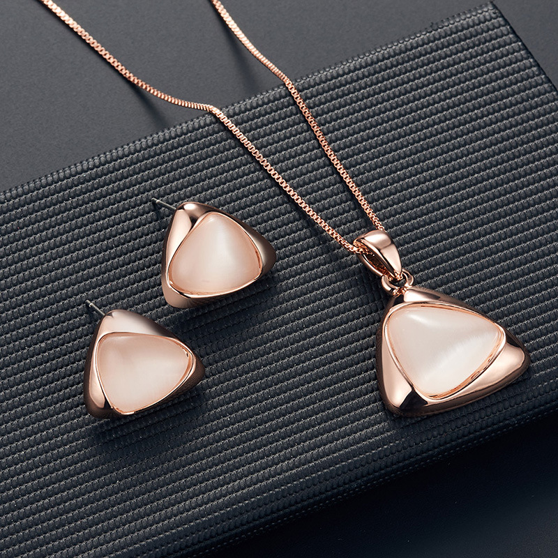 Cross-Border Popular Geometric Triangle Electroplated Cat Eye Necklace and Earrings Set European and American Bridal Earrings Set Decorations