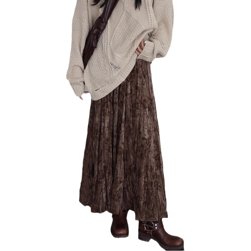 Retro New Chinoiserie Printed Pleated Thickeneded Velvet A-Line Umbrella Skirt Women's Long Skirt Elastic High Waist Versatile