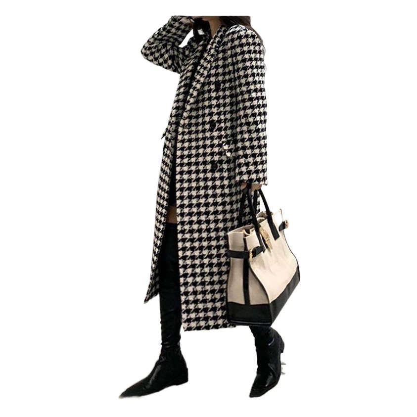 Autumn 2023 New Korean Houndstooth Jacket Mid-length Over-the-knee Socialite Chanel Style Jacket Woolen Jacket for Women