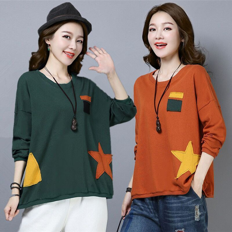 Plus Size Printed Women's T-Shirt 2025 Spring & Fall New Thin Middle-Aged Style Long-Sleeved T-Shirt Casual Pullover Bottoming Shirt
