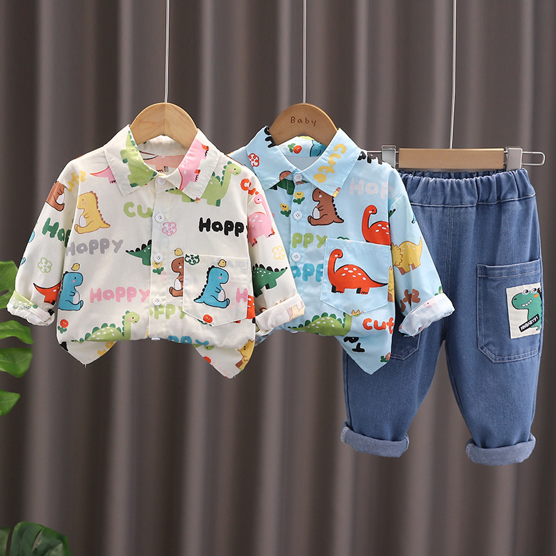 Trendy Long-sleeved Two-piece Set for Foreign Trade Boys Korean Style Autumn Fashion Fried Street Full Printed Letter Dinosaur Long-sleeved suit Trendy