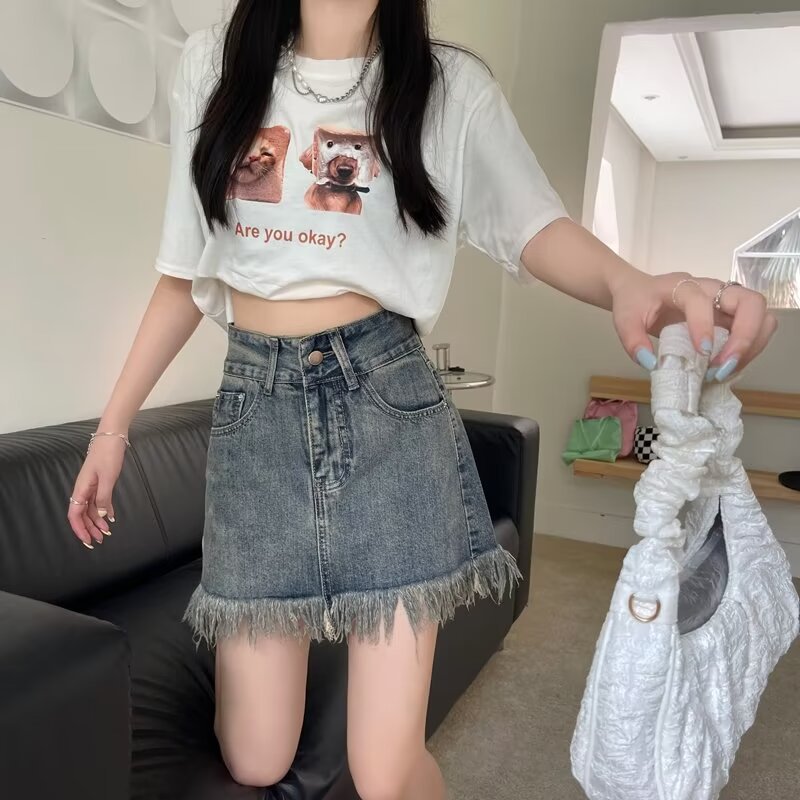 Spice Girl American Style Vintage Denim Skirt Women's 2024 Summer Short High Waist Fur Hip Skirt A- line Short Skirt
