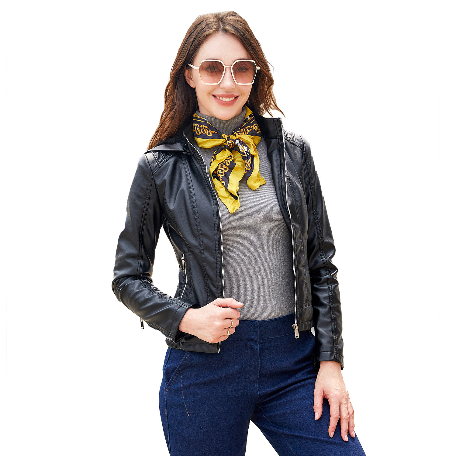 Picture of Fall 2022 Winter Hooded Leather Women's Removable Hat Zipper Long-sleeved fleece-lined Leather Jacket European-size Slim-fit Jacket Cross-border