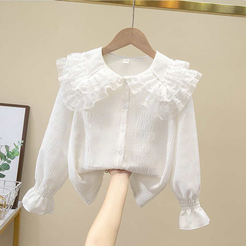 Picture of Girls Thin Shirt 2025 Spring and Summer New Children's Clothing Girls Summer Chiffon Shirt White Doll Collar Top