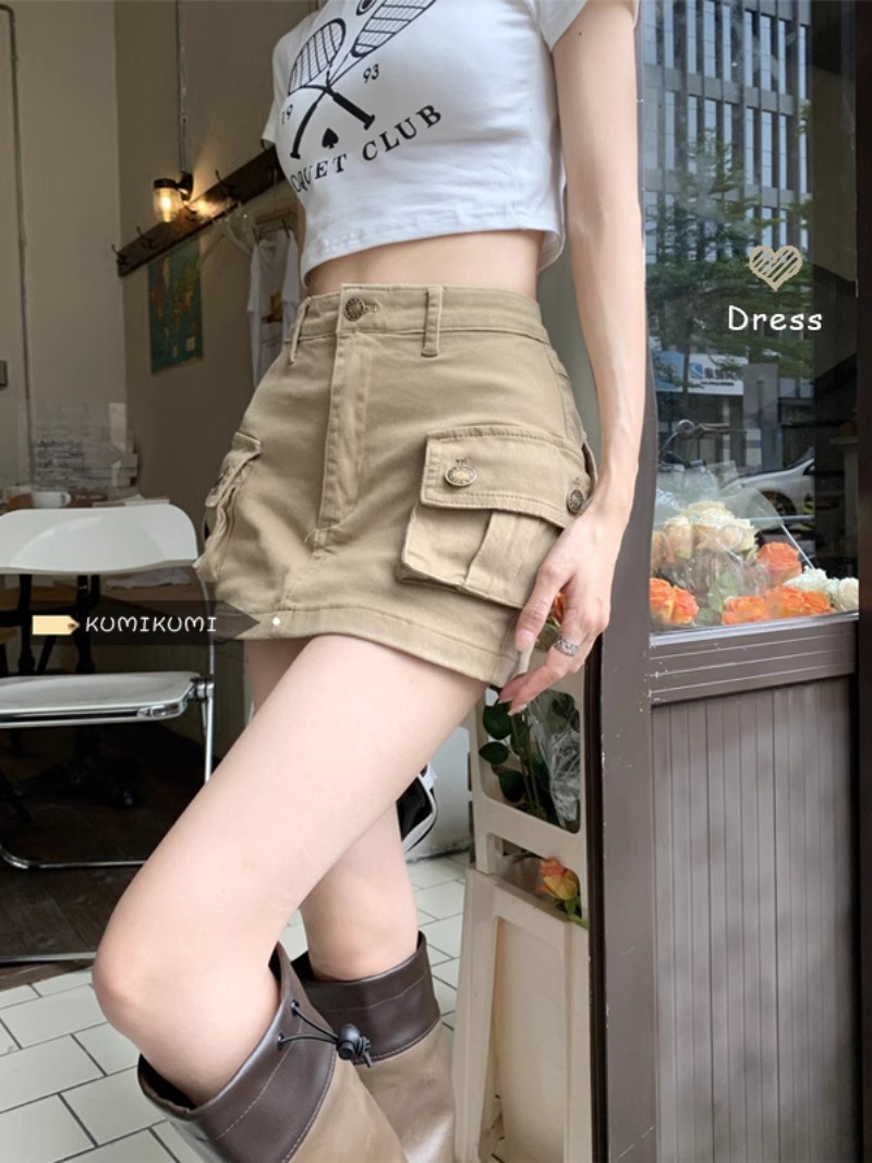 khaki Workwear Skirt Women's Autumn Hot Girls Denim Slim Look American Style Skirt High Waist Korean Style A- line Short Skirt