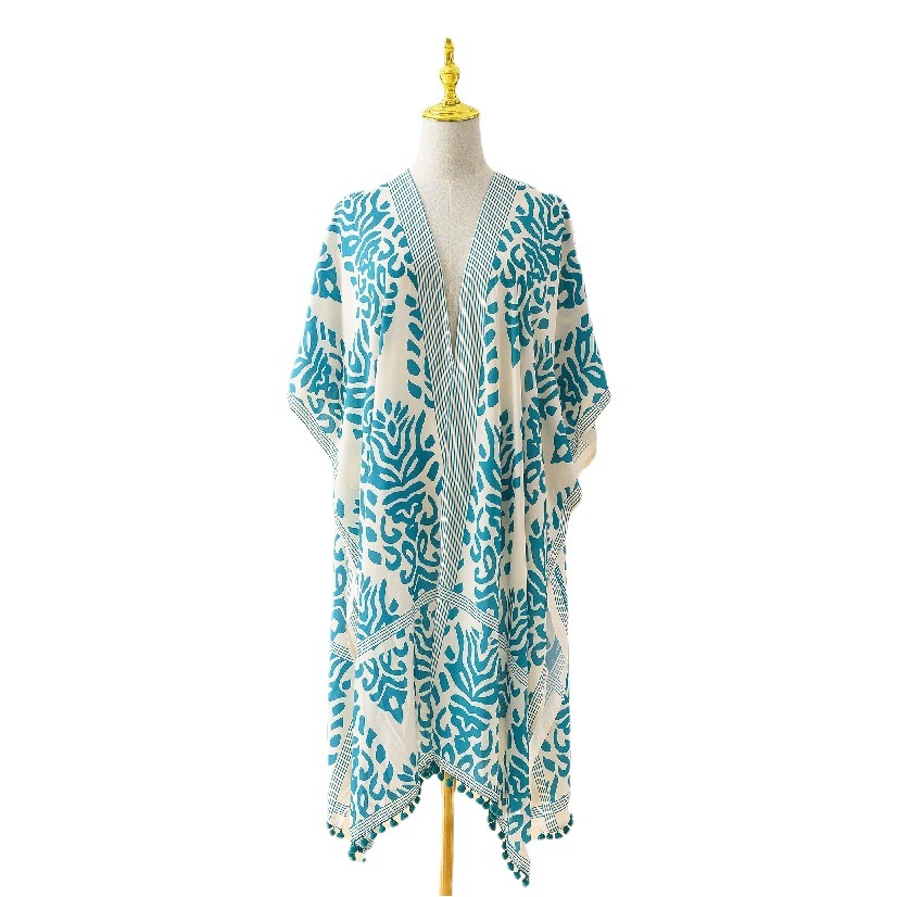 Cross-border New European and American Seaside Vacation Printed Sexy Cardigan Beach Bikini Blouse Chiffon Mid-length Sunscreen
