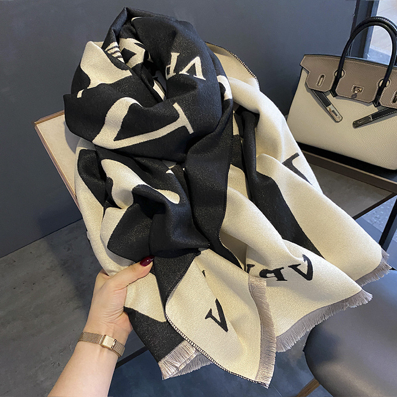Letter Flower Scarf Autumn and Winter New European and American Style High-End Outer Windproof and Warm Imitation Cashmere Shawl Scarf