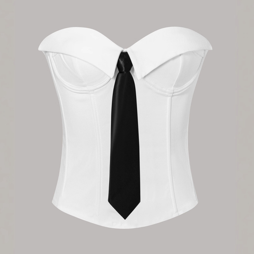European and American Cross-Border Hot Girl Tube Top Pure Desire Style Strapless Solid Color Tie Fishbone Suspender Tube Top Sailor Tube Top
