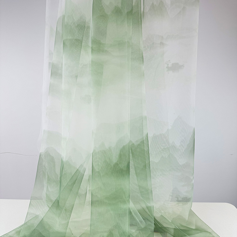 Green Mesh Gauze Kindergarten Environmental Wedding Background Black Ink Painting Landscape Pavilion Tea Room Chinese Fabric