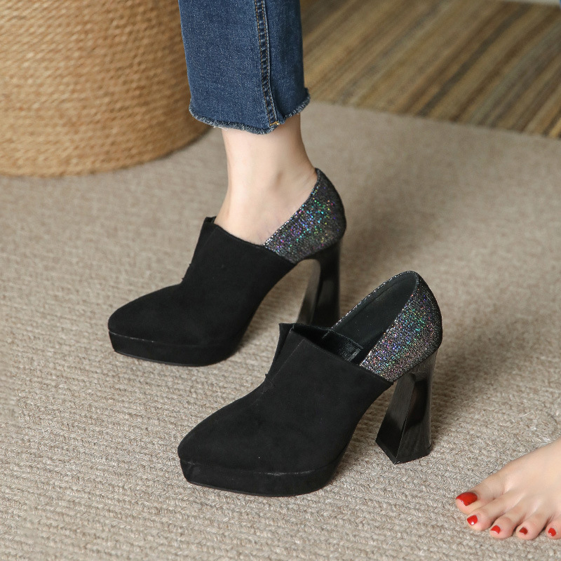 Chanel style sheepskin ultra-high heel pointed high heels single-layer shoes for women 2024 new niche chunky heel platform women's shoes