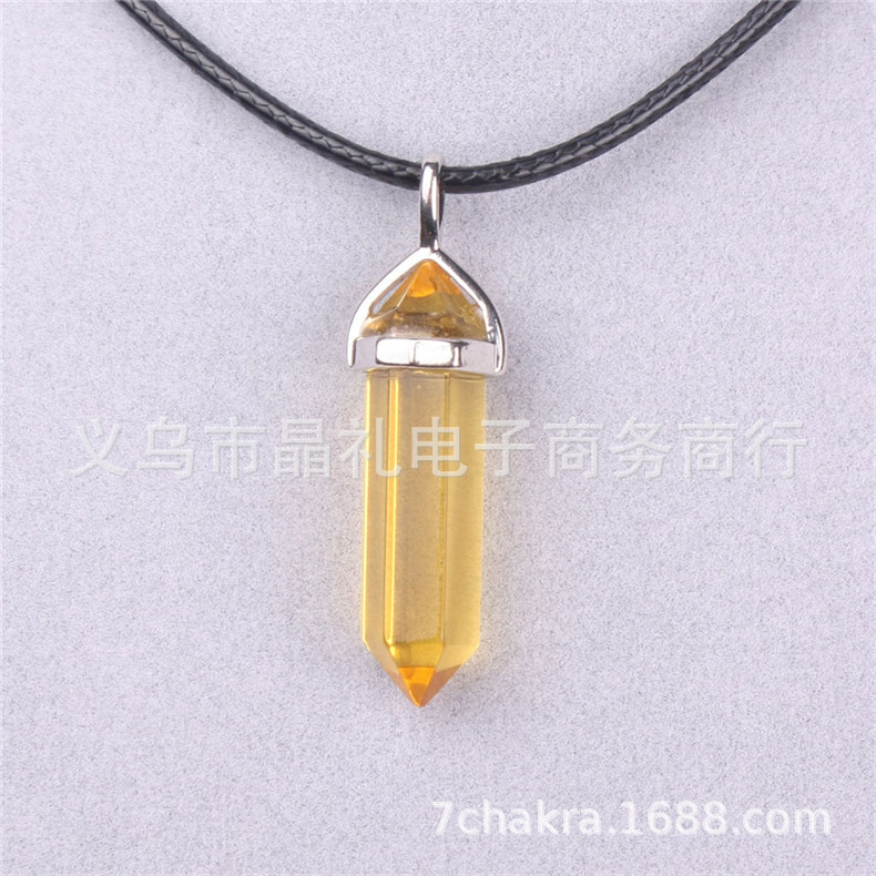 Picture of Natural Stone Hexagonal Pendant European and American Natural Crystal Hexagonal Prism Bullet Hexahedral Black Wax Rope Necklace
