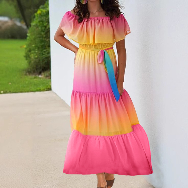Picture of 2025 Summer Export New Wish Style Rainbow Gradient Dress Amazon Ebay One-Line Collar Cross-Border Dress