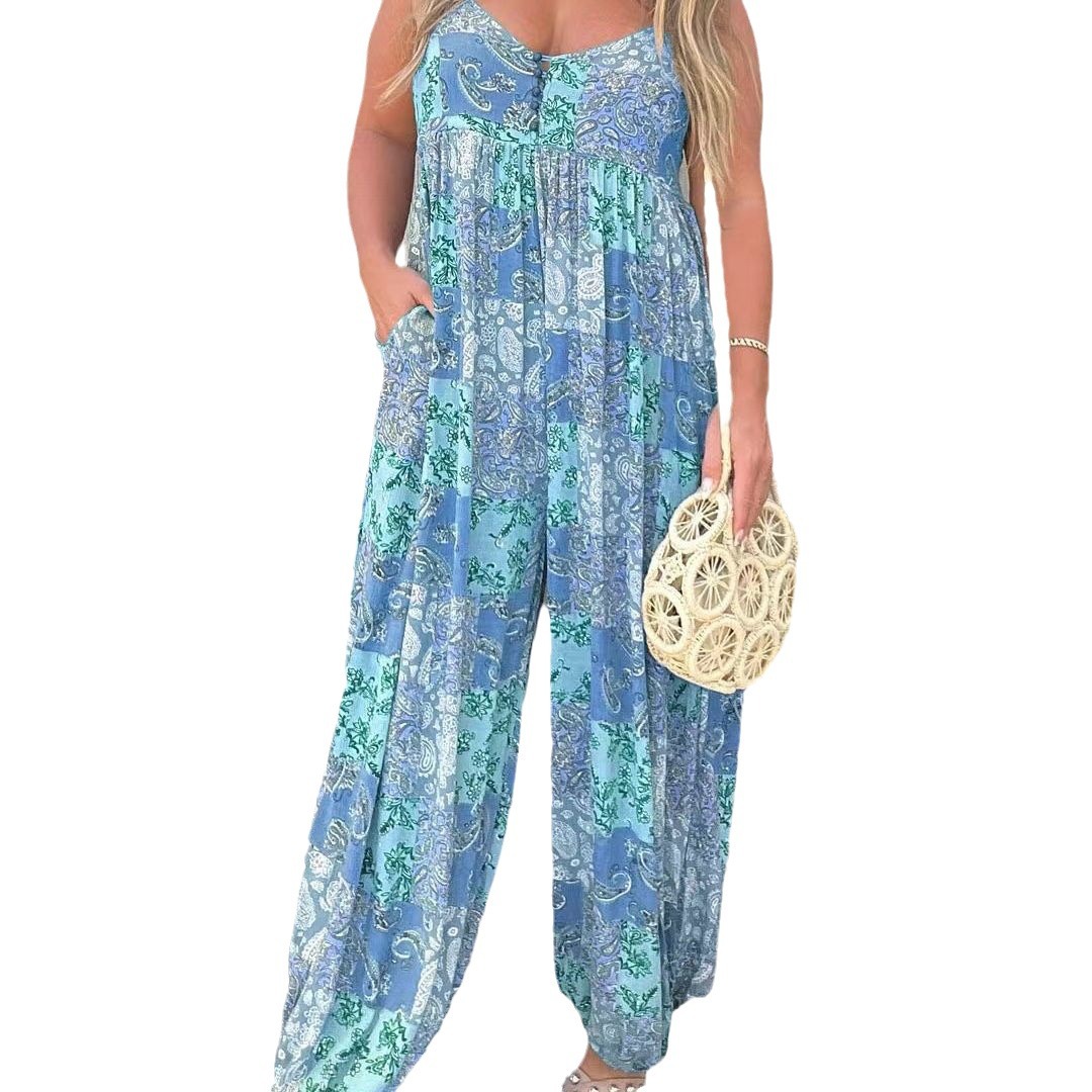 Picture of 25 Amazon Wish Unique Cross-Border Hot Product Ebay Women's High Waist Trendyy Loose Printed Shoulder Strap Jumpsuit
