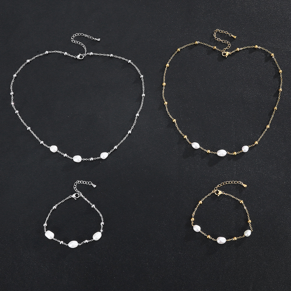 AMZ high quality stainless steel jewelry waterproof wear-resistant non-fading delicate bead chain freshwater pearl necklace bracelet suit