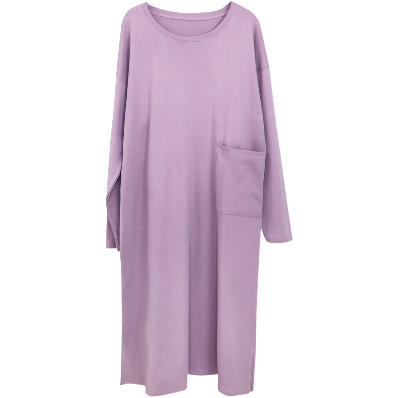 Long-Sleeved Nightgown for Women, Autumn and Winter, Pure Cotton, Long Style, Can Be Worn Outside, Large Size, Loose Fit, Purple, with Chest Pads, Spring and Autumn Home Sleepwear