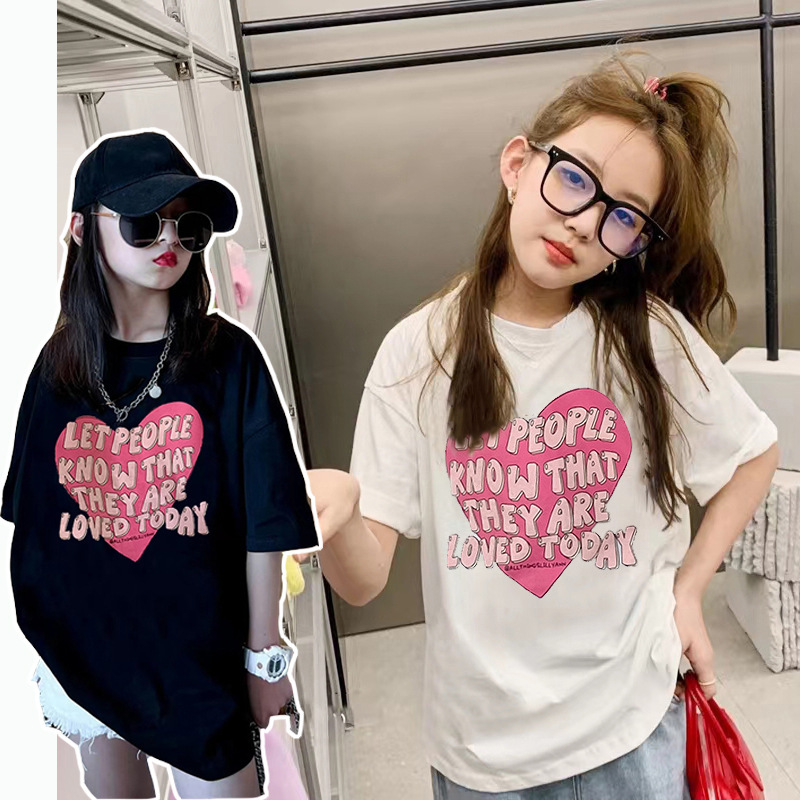 Girls Summer T-shirt Short-sleeved New Fashionable Brand Love Letter Foreign Style Fried Street Children's Loose Hip-hop Top Clothes