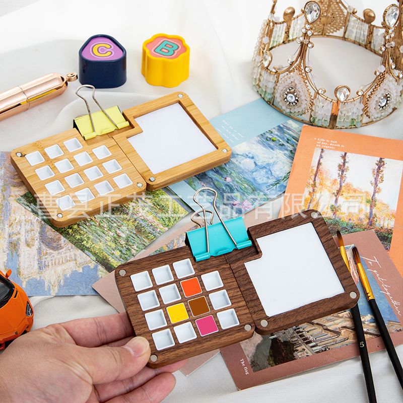 Children's Handmade ins Wind Magnetic Cover Black Walnut 15G Watercolor Pigment Wooden Box Portable Handicraft Paint Box