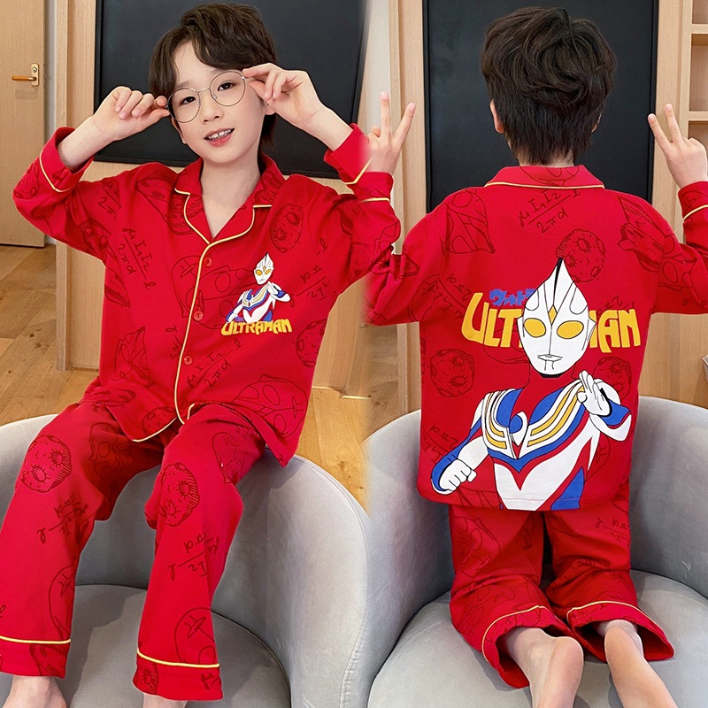 Picture of Spring and Autumn boys' pajamas pure cotton long-sleeved red animal year Festive dragon year little boy children's homewear suit