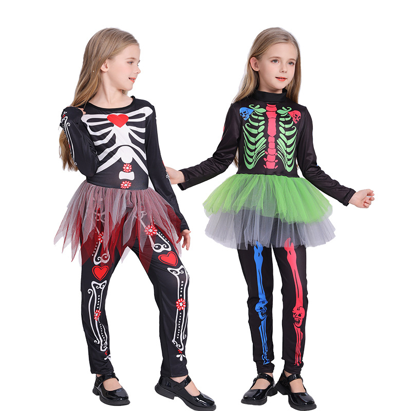 Cross Border Halloween cosplay Skull Costume Children's Colorful Skeleton Clothes Girls' Body-length Dress Dress Up