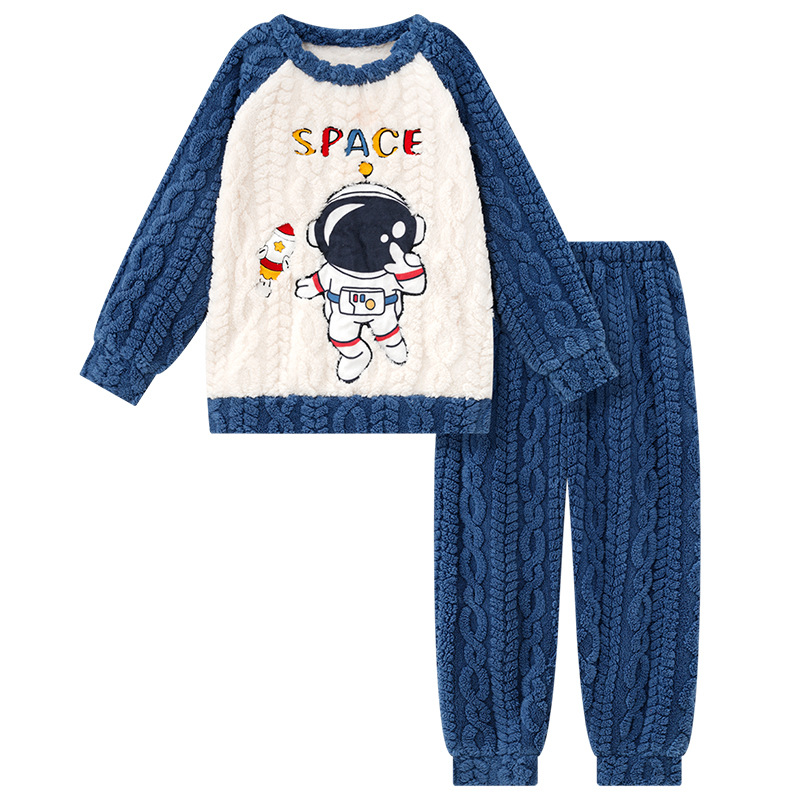 Picture of Children's Pajamas Men's Flannel Winter fleece-lined Thickened Coral Fleece Boys' Cartoon Astronaut Big Children's Home Clothes Set