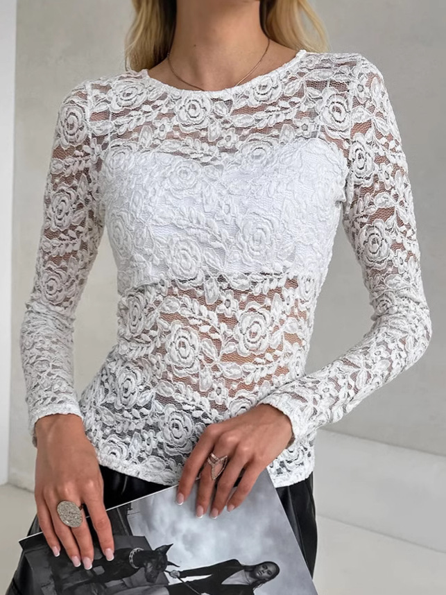 Cross-Border European and American Fashion White Knitted Lace T-Shirt for Women in Spring with Pullover Round Neck Long-Sleeved Bottoming Shirt for Women
