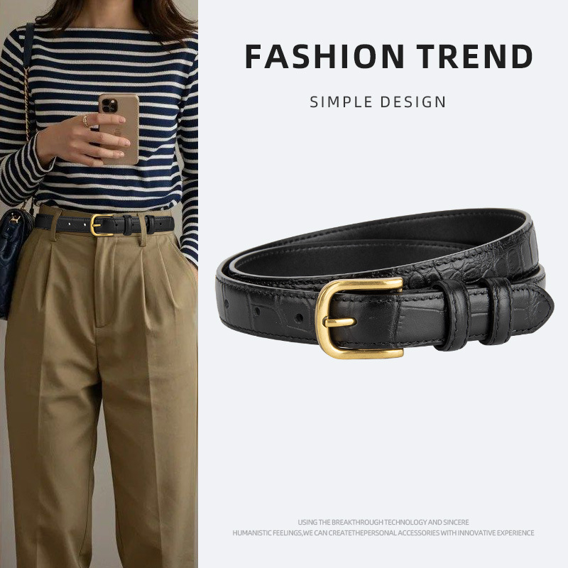 Vintage cowhide pin button genuine leather women's belt dress, jeans belt simple restrained waistband, black belt for women