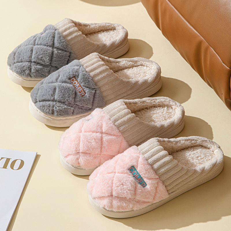 New Cotton Slippers for Men in Autumn and Winter, Comfortable Home Indoor Household Thick-Soled Warm Outer Wear Non-Slip Woolen Cotton Shoes for Women