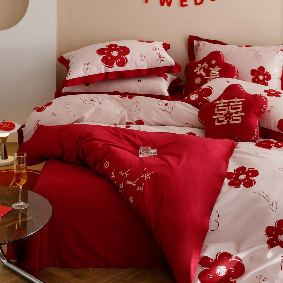 Festive Wedding Red Four-Piece Set of Cotton Double-Sided Printed Embroidered Wedding Quilt Cover Pure Cotton Bed Sheetss Gift