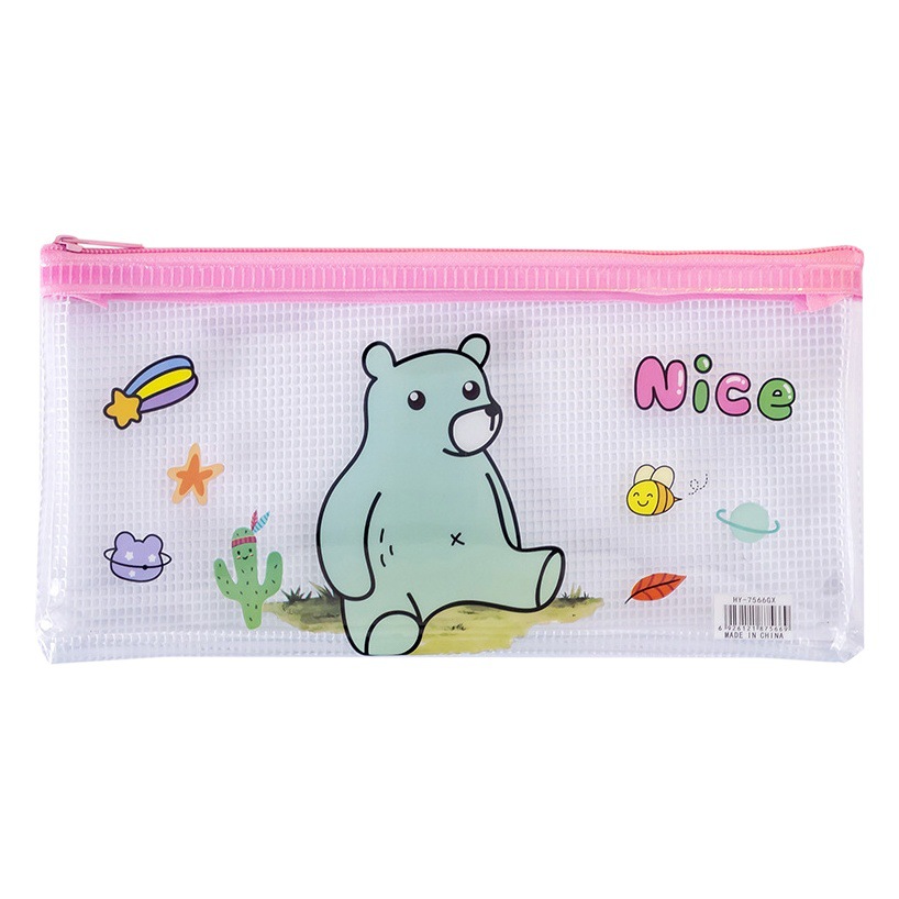 B6 Cartoon Grid Zipper Pencil Bag ins Cute Girl Pencil Bag Simple PVC Waterproof Transparent Pencil Bag for Primary School Students