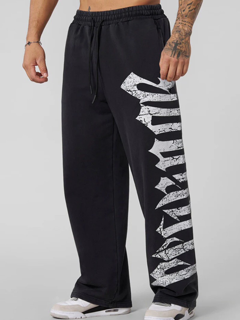 YOUNGLA 2025 New American Sports Pants Gym Bodybuilding Running Training Pants Cotton Printed Wide Leg Pants Men