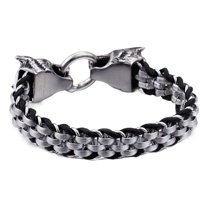 Fashion punk style jewelry stainless steel double wolf head ring buckle titanium steel woven diamond men's bracelet cross-border supply