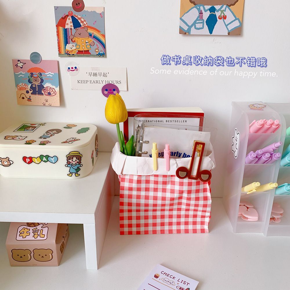 In-Stock Ins Colorful Plaid Kraft Paper Bag for Girls Desktop Storage Gift Paper Bag Storage Bag