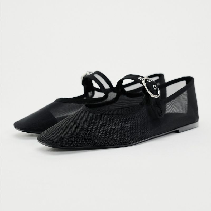 2024 Summer New Women's Shoes Black Fashion Mesh Mary Jane Shoes Flat Light Casual Ballet Shoes Trbottomy