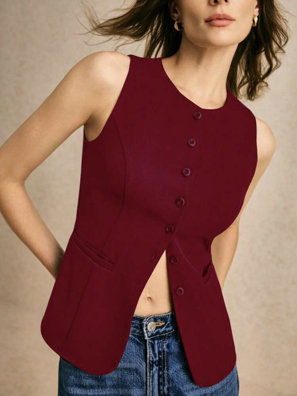 Picture of Summer European and American Women's Cross-border New Commuter Simple Fashion Button Solid Color Vest Casual Top Round Neck Vest
