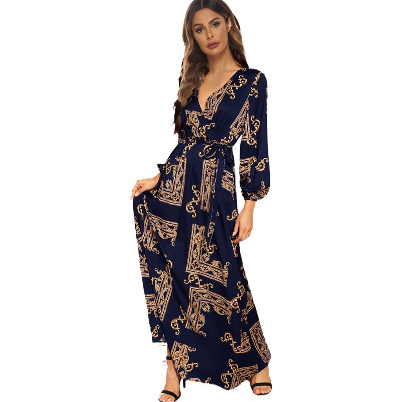 European and American Long Sleeve Dress Vacation Style ins Retro Long Dress with Flowers