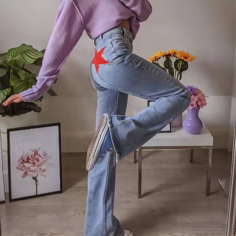Spot Cross-Border Women's Jeans Tight Five-Pointed Star Straight Pants Women's Pants Pure Color Jeans Women's Nk326