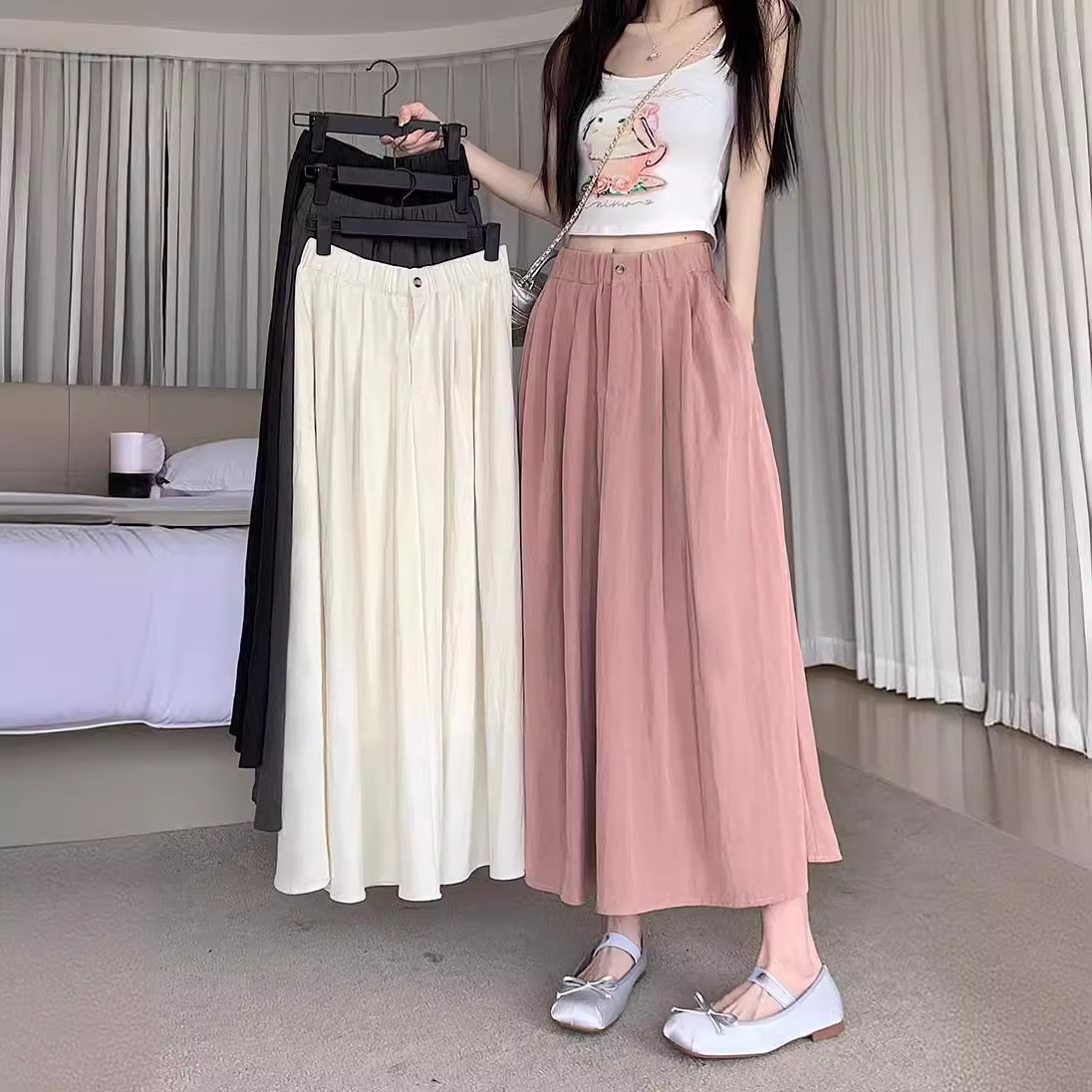2024 New pleated draping high waist plus size skirt versatile mid-length large swing umbrella skirt