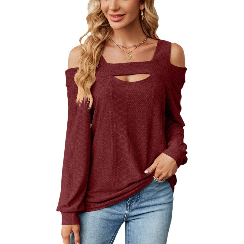 Amazon 2023 Europe and the United States cross-border foreign trade autumn and winter new solid color hollow loose long sleeve T-shirt top women's clothing