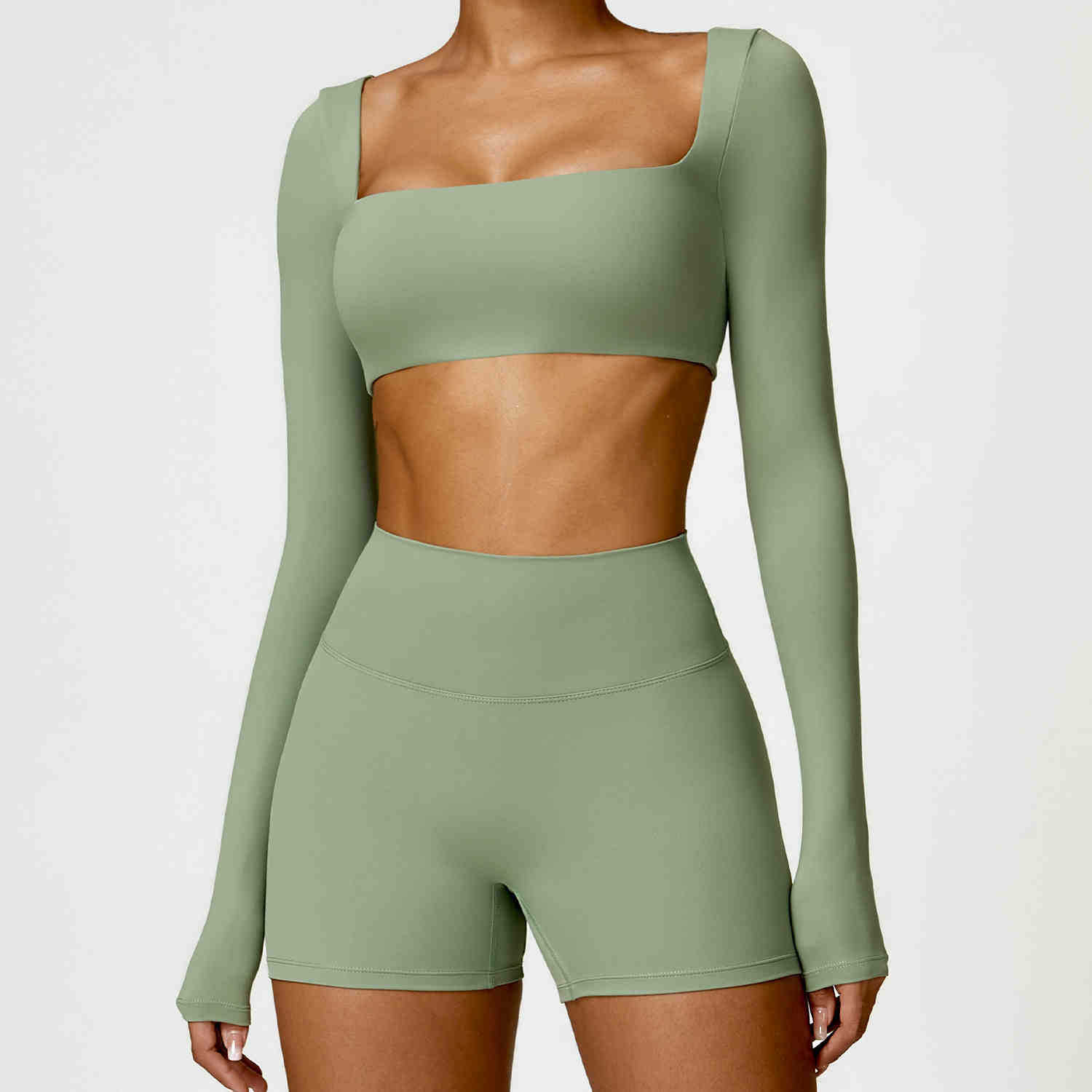 Picture of Autumn and Winter Tight Long-sleeved Yoga Suit Women's Outdoor Running Fitness Suit Scrub Naked Short Sports Top with Chest Pad