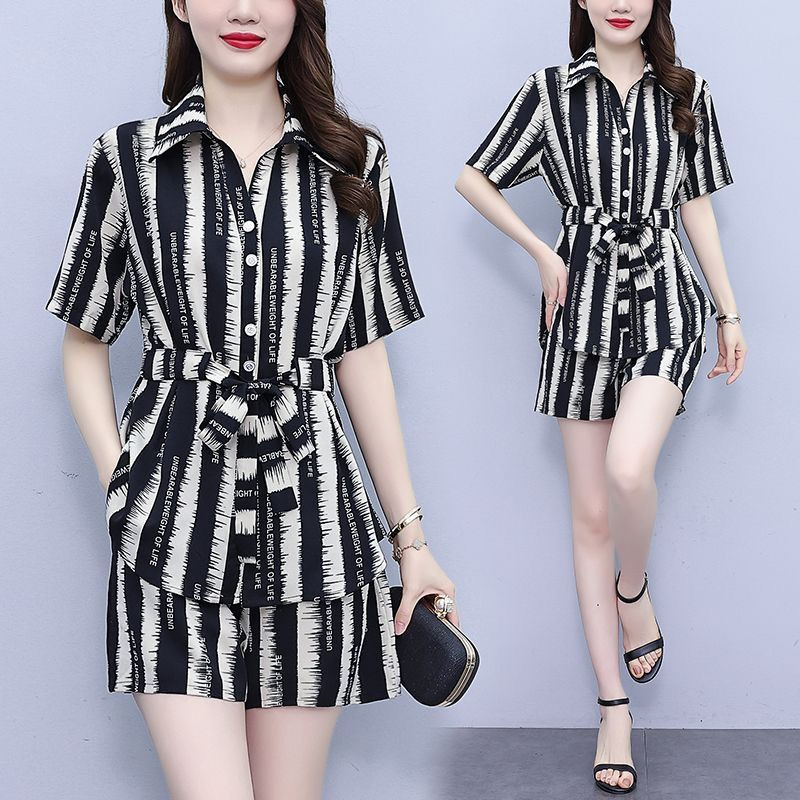 Amazon plus size Shirt Shorts Fashion suit Women's 2024 Summer Dape Stripe Slimming Age-reducing Two-piece Set for Women