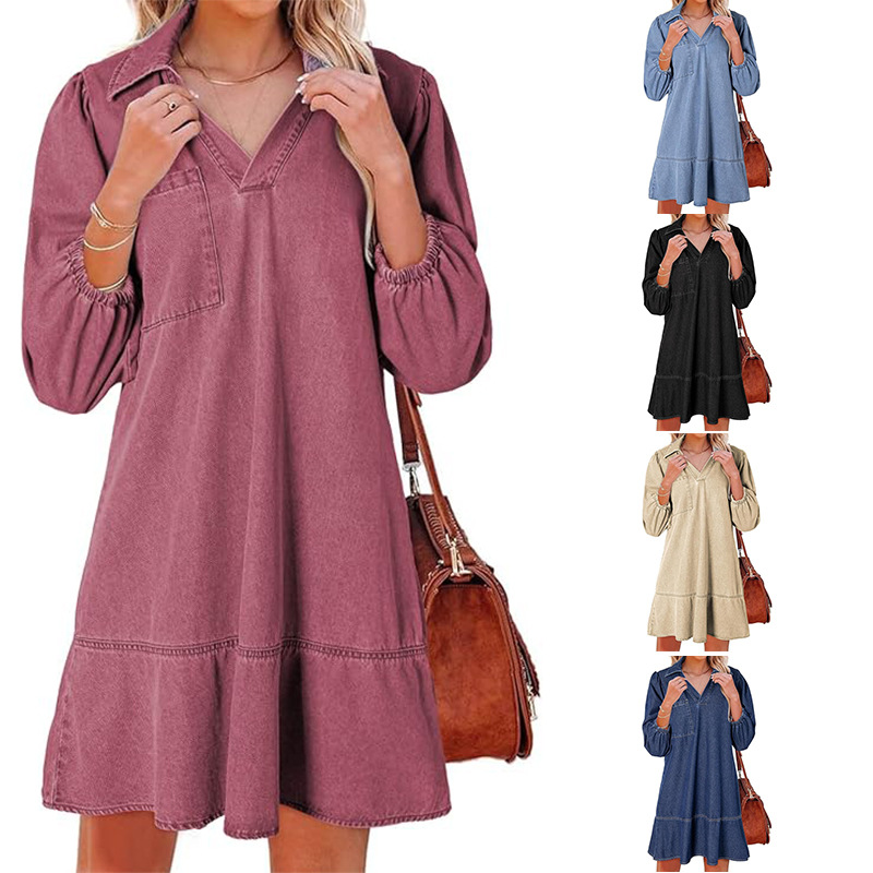 Amazon 2025 New European and American Cross-border Women's Casual Doll V-neck Seven Bubble Sleeve Denim dress