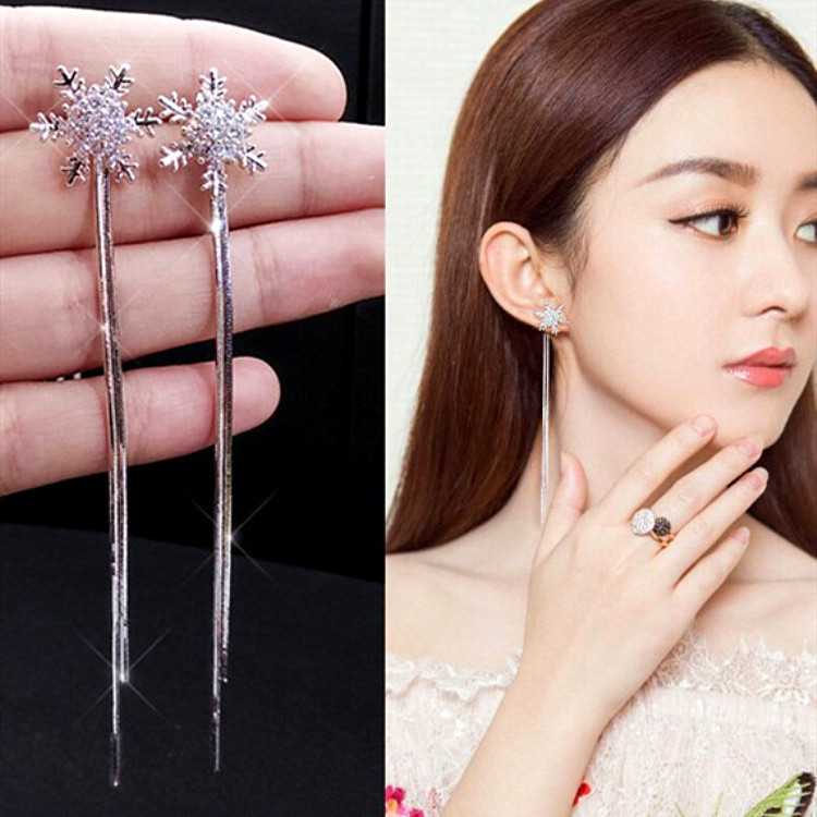 Picture of Korean S925 Silver Pin Fashion Earrings Long Tassel Snowflake Tassel Earrings Metal Texture Personality Elegant Earrings