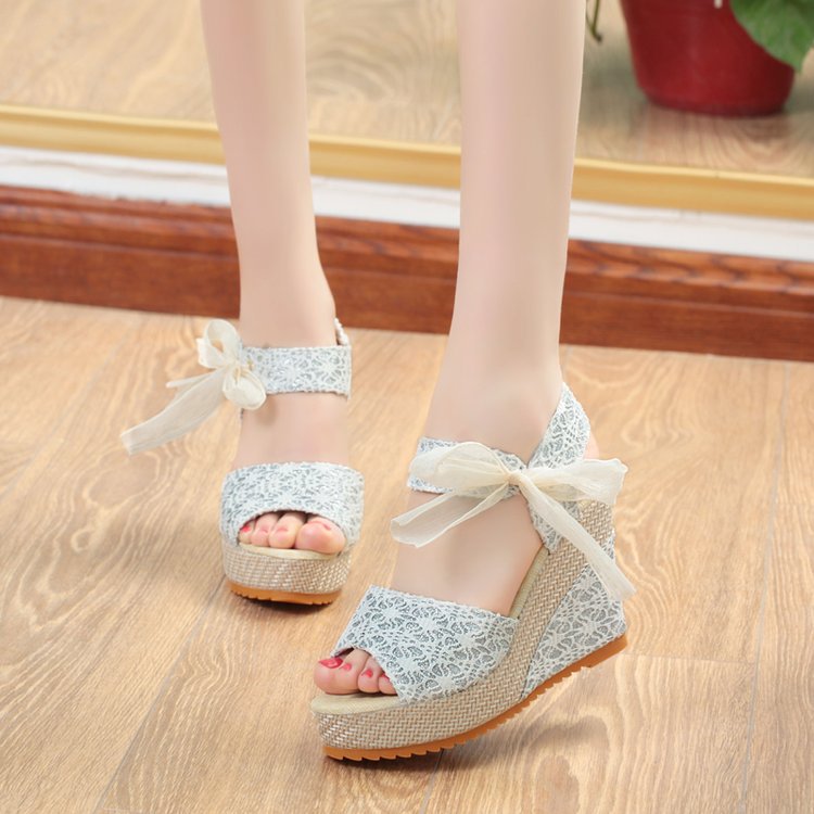 Foreign trade sandals women's sweet ribbon bow high heels fish mouth casual Roman wedge women's shoes manufacturers spot
