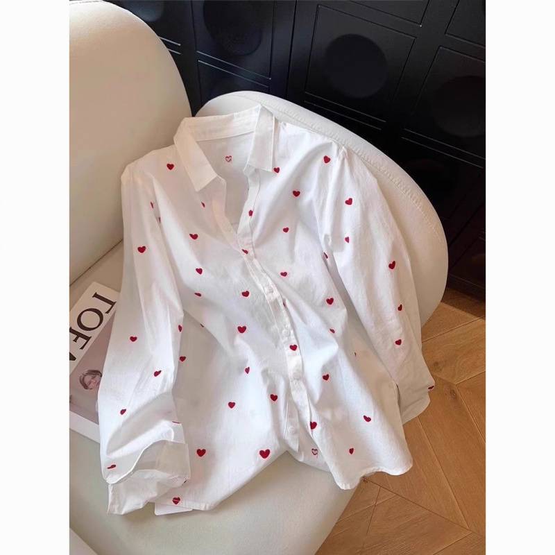 French Sweet Age-Reducing Heart-Printed Lapel Long-Sleeved Shirt for Women Spring and Summer Niche Chic Elegant Slim Shirt