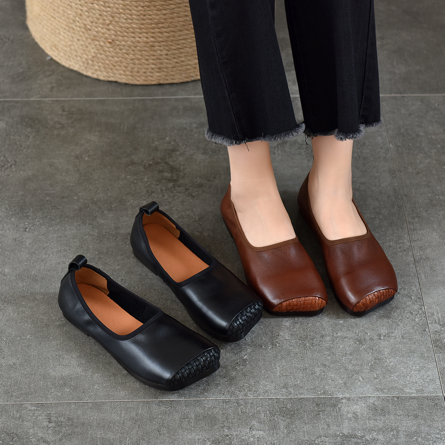 Vintage casual flat single shoes square toe leather woven women's shoes 2025 autumn new top-layer cowhide over-the-foot women's shoes