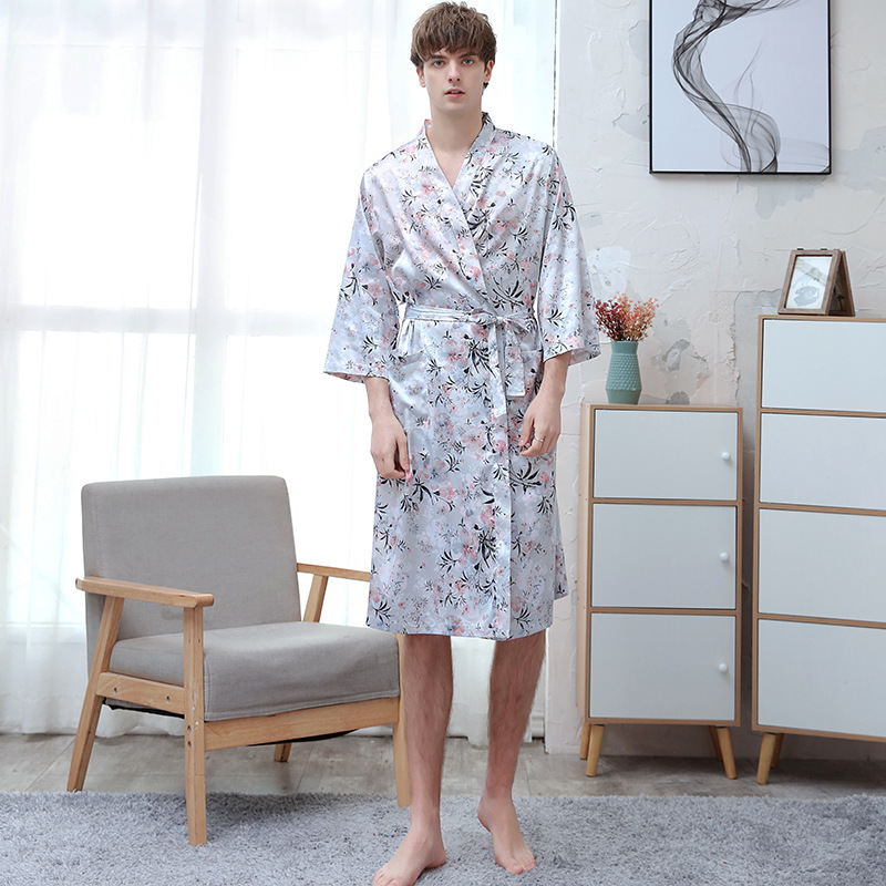 Picture of Couple ice silk bathrobe women's summer thin digital printing artificial silk nightgown men's plus size pajamas spring and autumn