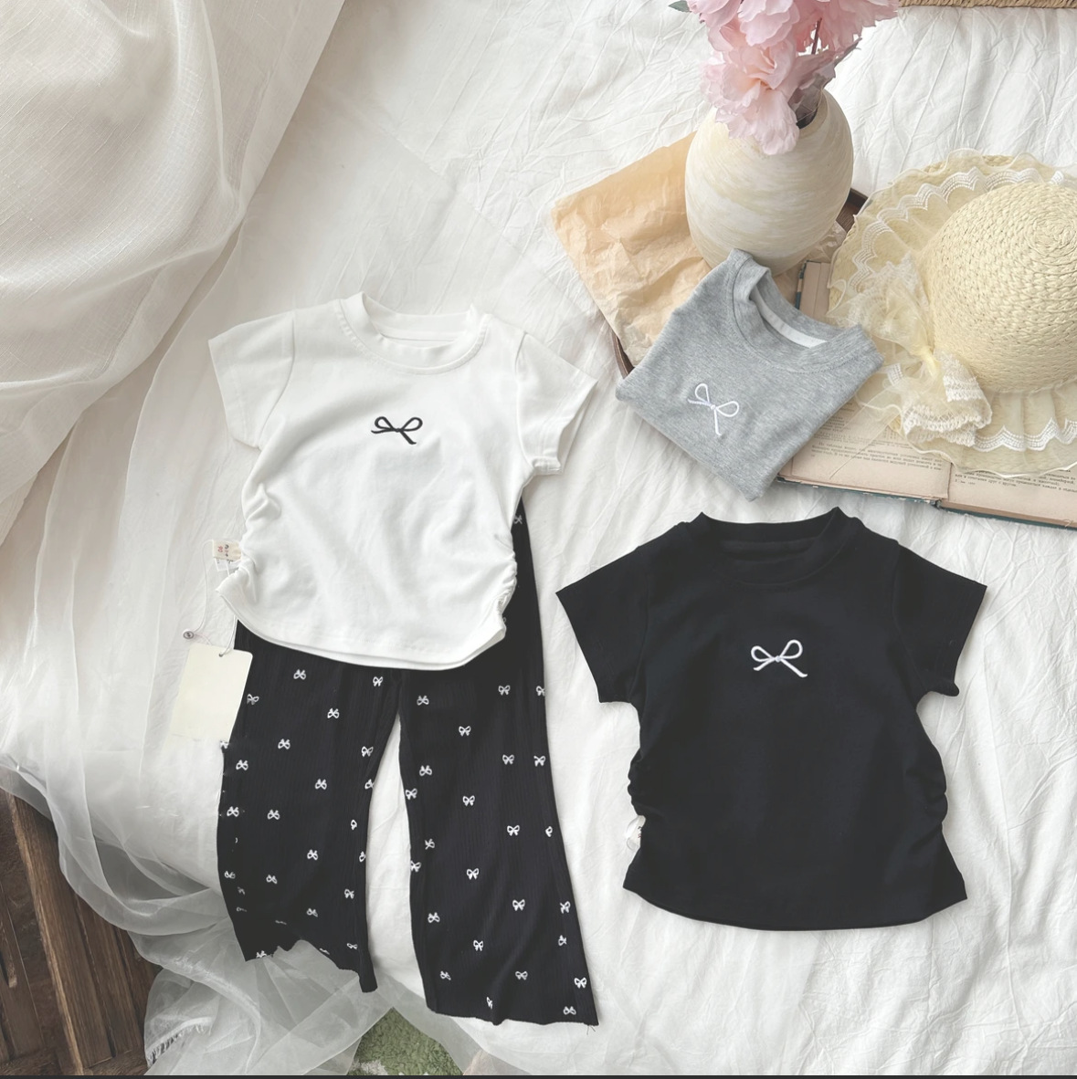 Girls' Summer Short-sleeved T-shirt Baby Stylish Children's Cute Bow Embroidery Fashionable Cyber Popular Half Sleeve